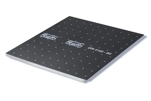 Schwarze Verbundplatte mit weißen Punkten, beschriftet mit "Roth" und "DIN 4102 - B2". Flache, quadratische Form ohne erkennbare Maße oder spezielle Merkmale.